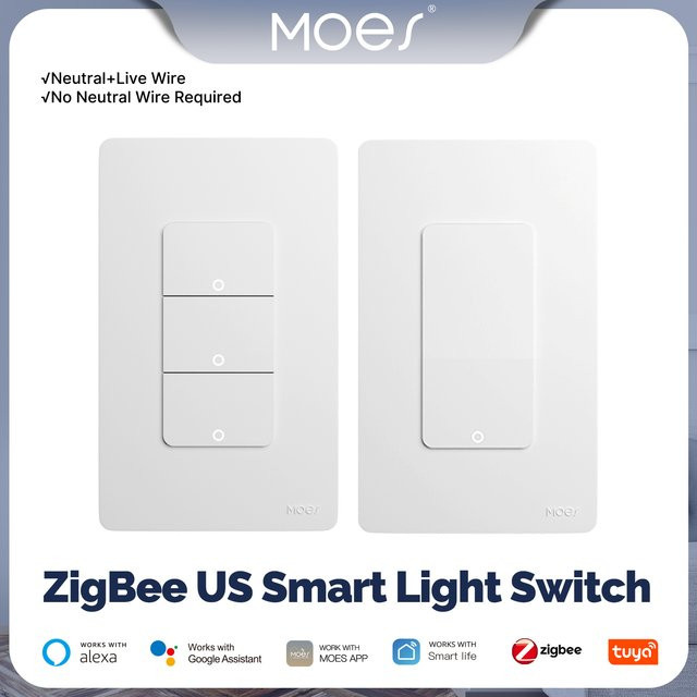 MOES Tuya ZigBee Smart Lichtschalter als Druckknopf in Weiß, kompatibel mit Alexa und Google Home, US-Standard, mit oder ohne Neutralleiter - Bild 1