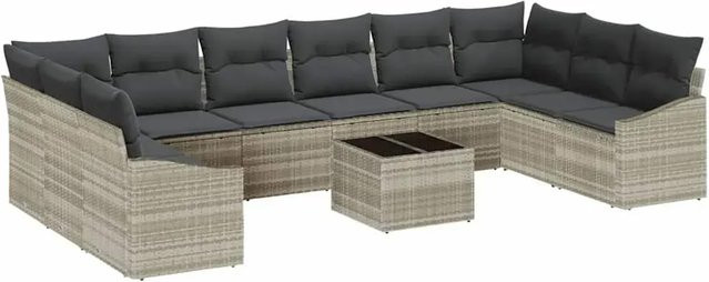 vidaXL Garten-Sofa-Set 11-tlg. aus Poly-Rattan in Hellgrau mit Polstern und Couchtisch - Bild 1
