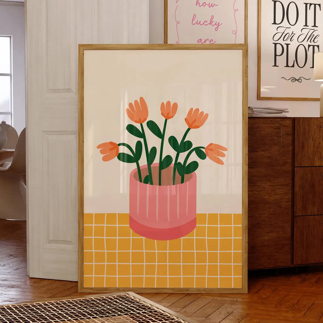 Moderne Wandkunst SHENCHEN Blumenvase-Druck als digitaler Download mit handgezeichneten Tulpen in Rosa und Orange - Bild 1