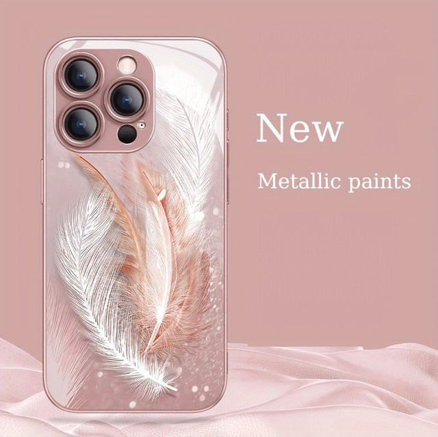 Stilvolle Handyhülle mit Federmuster aus rosa metallischem Glas für iPhone 11 12 13 14 15 16 17 Pro Max 15 Plus 17 Air 16E in Pink - Bild 1