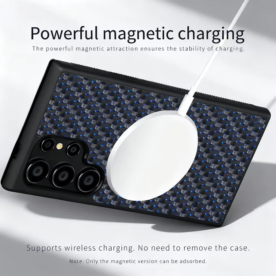 MagSafe Luxus Handyhülle mit Carbon Fiber Textur und Alloy Lens Schutz für Samsung Galaxy S25 S24 S23 S22 Plus Ultra in Grau - Bild 3