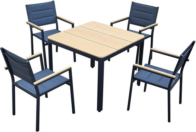 GreenYard 5-teilige Sitzgruppe aus Aluminium mit Tisch und 4 Stapelstühlen in Schwarz und Braun - Bild 1