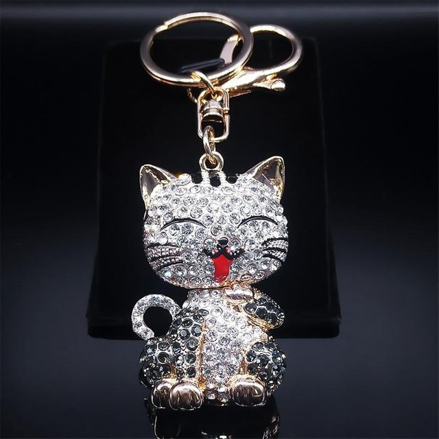 Schlüsselanhänger Cartoon Katze, Strass, Goldfarbe, Damen - Bild 1
