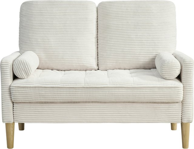 Svintora 2-Sitzer Cord-Sofa in Beige und Weiß mit gepolsterten Kissen und Holzbeinen, B/T/H: 121 x 76 x 87 cm - Bild 1
