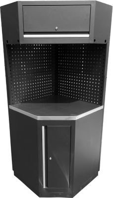 KS Tools Werkstatt-Eckmodul aus Edelstahl und MDF in Schwarz mit LED, abschließbarem Hängeschrank und Unterbauschrank sowie Lochrückwand