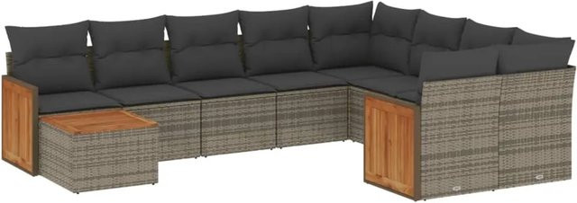 vidaXL 10-tlg. Garten-Sofagarnitur in L-Form aus Poly-Rattan und Akazienholz mit Kissen in Grau - Bild 1