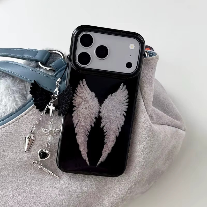 Potdemiel Handyhülle mit Laser-Cartoon-Engelsflügeln und Anhänger für iPhone 15, 16 und 17 Pro Max, Schwarz - Bild 3