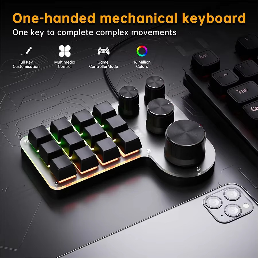 Ammtoo Mechanische RGB Gaming-Tastatur mit 12 Tasten und 4 Makro-Tasten, 3 Modi (Bluetooth, 2,4 G, USB), Schwarz - Bild 2