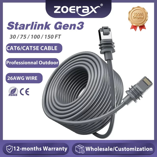 ZOERAX Starlink Gen 3 Ethernet-Kabel CAT5e/CAT6 FTP 26AWG OFC für Starlink Router mit 1000/1200Mbps Geschwindigkeit - Bild 1