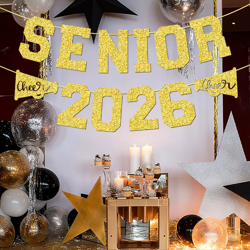 YOMDID Abschlussbanner Seniors 2026 Gold mit Wimpel-Elementen als Partydeko für Abschlussfeiern und Senioren-Partys - Bild 3