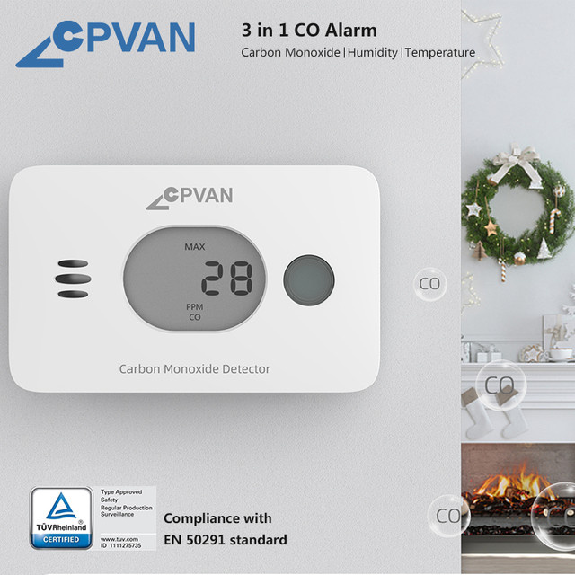 CPVan 3-in-1 Kohlenmonoxid-Detektor mit digitalem Display für Temperatur und Luftfeuchtigkeit, kabelloser CO-Alarm in Weiß - Bild 1