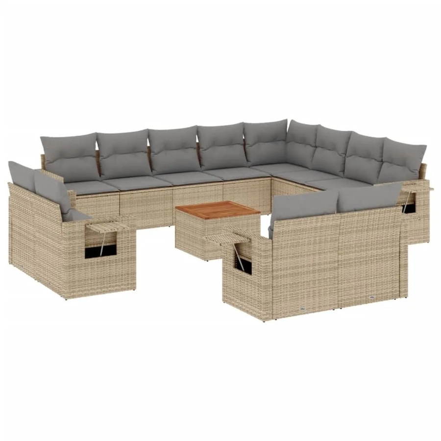 vidaXL 13-tlg. Garten-Sofagarnitur in L-Form aus Polyrattan mit Kissen und Couchtisch, Beige - Bild 2