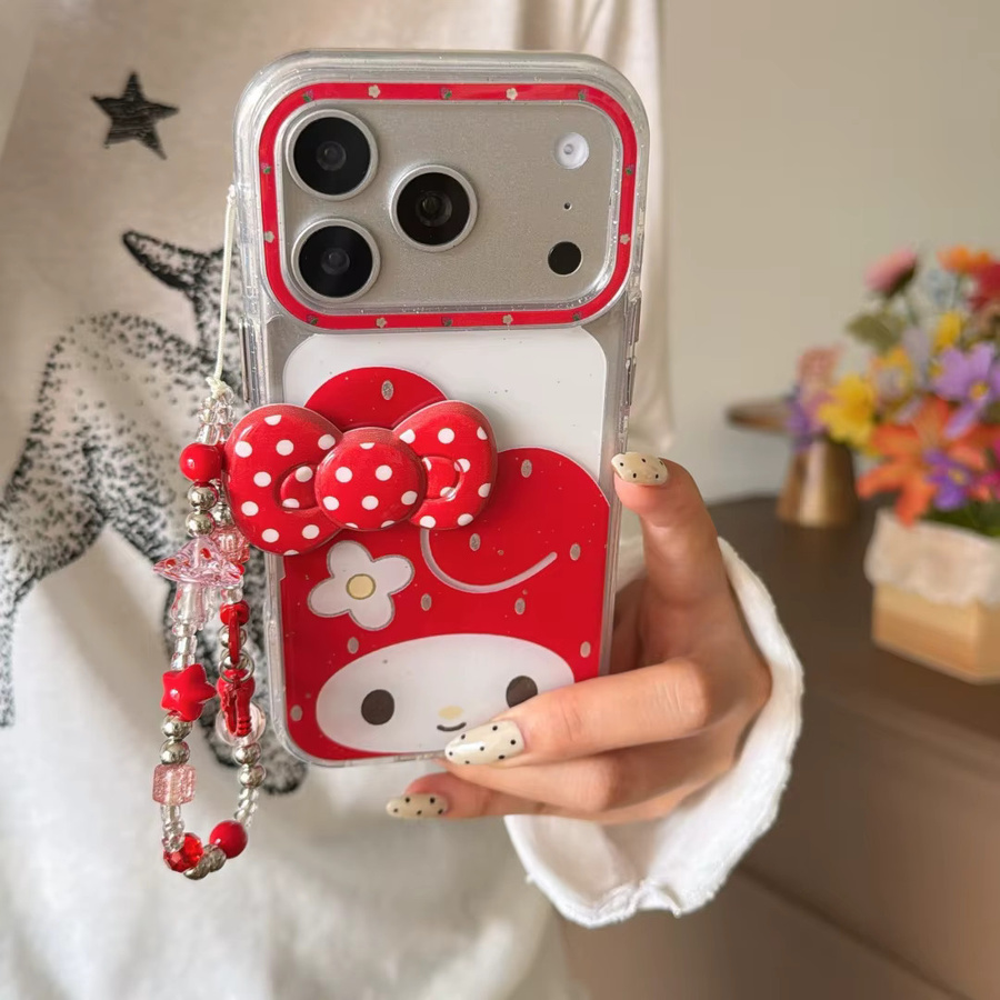 My Melody 3D Schleifenknoten Handyhülle für Apple iPhone 17 16 15 14 Pro Max 13, Stoßfeste TPU Schutzhülle mit Kette, Rot - Bild 2