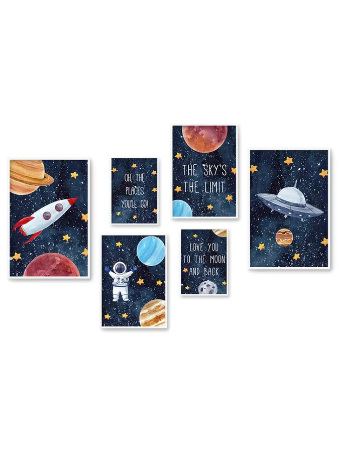 Potdemiel Wandbild Astronaut mit Rakete, Mond und Sternen im Nordic Design, Mehrfarbige Leinwand Kunst für das Kinderzimmer - Bild 5