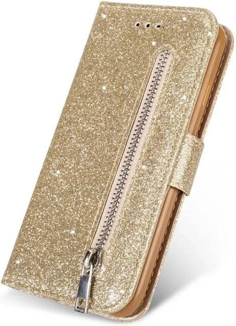 Bling Glitzer Lederhülle mit Magnetverschluss und Reißverschluss für Samsung Galaxy S24 FE S23 Ultra S22 Plus S21 S20 FE S10 Gold - Bild 1