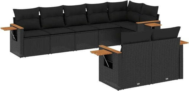 vidaXL 8-teilige Garten-Sofagarnitur in L-Form aus schwarzem Poly-Rattan mit Kissen und Akazienholz - Bild 1