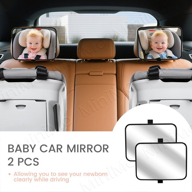 Kisslanding 2 Stück bruchsichere Babyautospiegel in Grau und Schwarz mit Weitwinkel-Klaransicht und universeller Kopfstützenhalterung - Bild 1