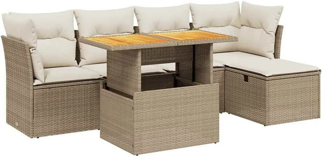 vidaXL 6-teilige Garten-Sofagarnitur aus Poly-Rattan und Akazienholz in Beige-Creme mit Kissen - Bild 1
