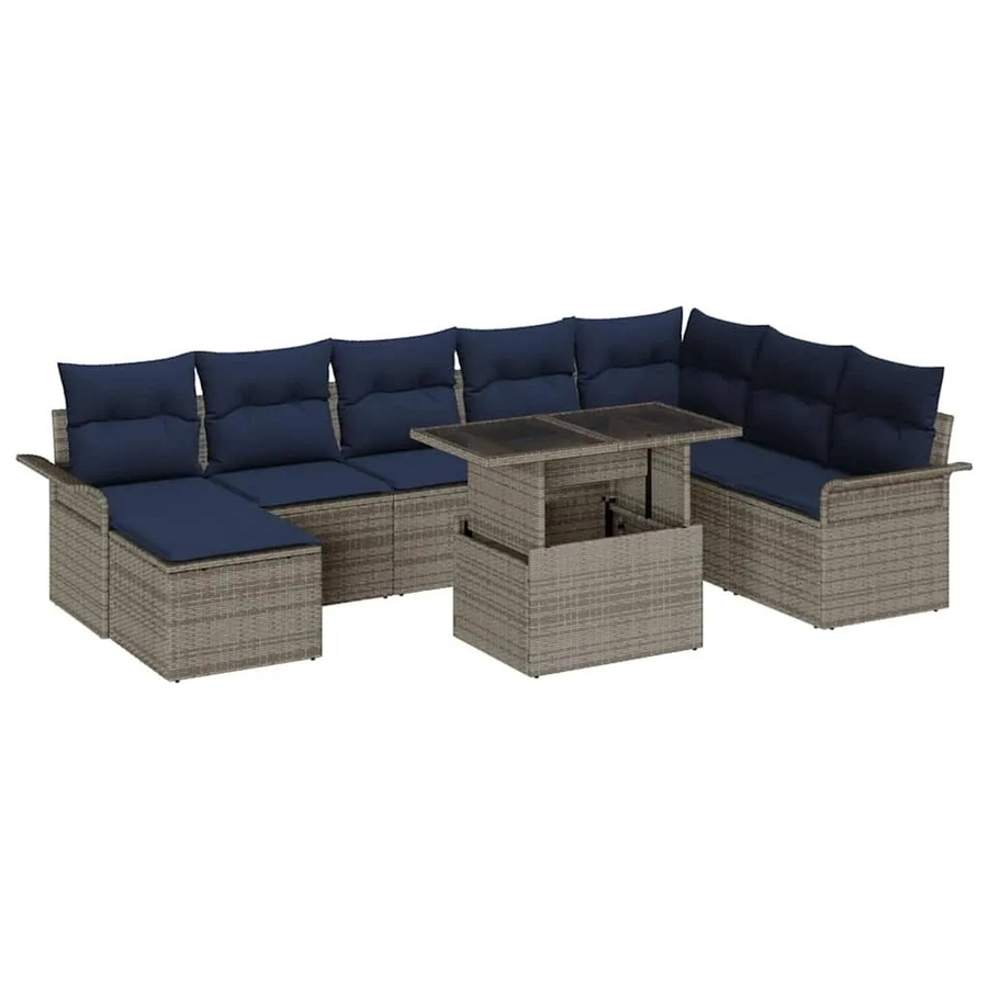 vidaXL Gartensofa-Set aus Poly Rattan in Grau-Blau mit 9 Kissen und Tisch in U-Form - Bild 2