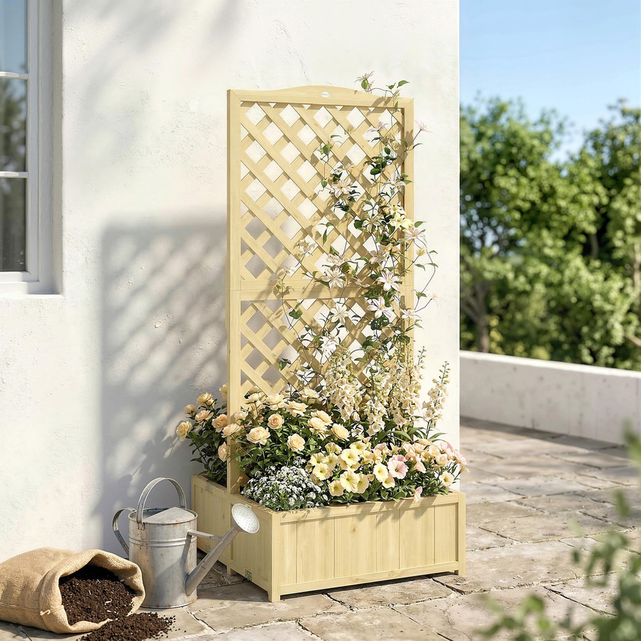 Outsunny Pflanzkasten mit Rankgitter aus Massivholz in Natur, klappbares Hochbeet mit Doppel-Blumenbehälter für Kletterpflanzen, Höhe: 170 cm - Bild 2