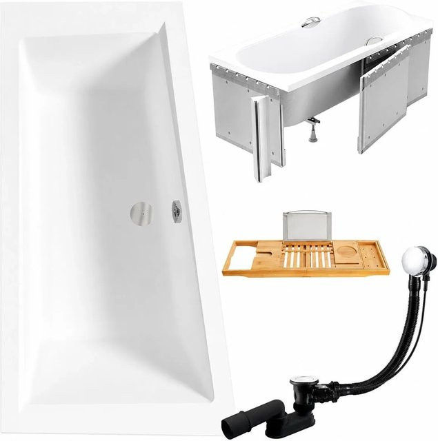 KOLMAN Eckbadewanne links in Weiß mit Styroporverkleidung, Bambus-Badewannenablage, Ablauf und Füßen, B/T: 150 x 85 cm - Bild 1