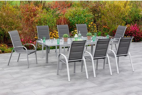 Merxx Gartenmöbelset Amalfi di Lusso 9-teilig mit 8 Stapelsesseln und ausziehbarer Gartentischplatte aus Aluminium und Textil in Silber, Anthrazit und Grau, Tisch B: 200 cm, T: 100 cm (ausziehbar auf 300 cm) - Bild 1
