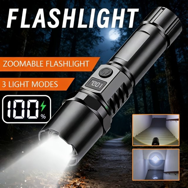 NEWBIRTH LED Taschenlampe mit 10000 Lumen, USB-C aufladbar, Schwarz, Aluminium mit Power Display und Zoom für Outdoor und Camping - Bild 1