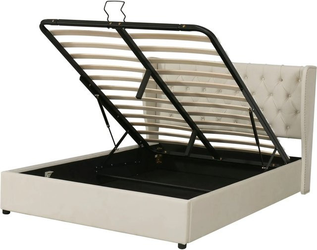 okwish Polsterbett aus Samt in Beige mit hydraulischem Lift-up-Funktionsbett und gestepptem Design, B: 160 cm, H: 207 cm, T: 300 cm - Bild 1