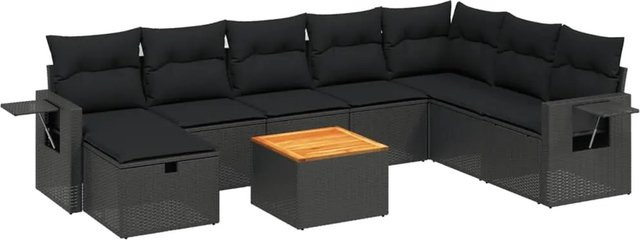 vidaXL 9-tlg Garten-Sofagarnitur Modell 90 in Schwarz aus PE-Rattan mit Kissen und pulverbeschichtetem Stahlgestell - Bild 1