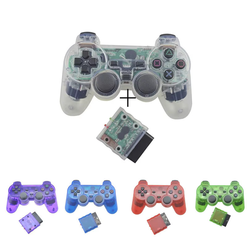 OZKVVM Kabelloser 2,4GHz Vibrations-Controller für PS2, Transparenter Gamepad kompatibel mit Playstation 2, Multicolour/Schwarz - Bild 1