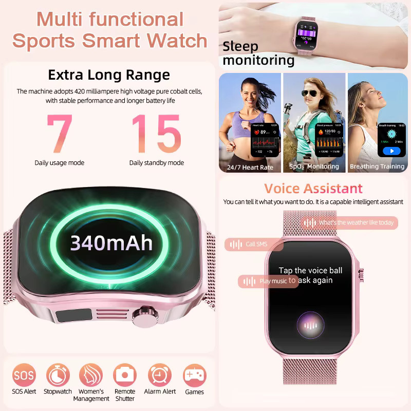 LIGE Smartwatch, Edelstahl, Milanaise, Schwarz, Roségold, Damen - Bild 6