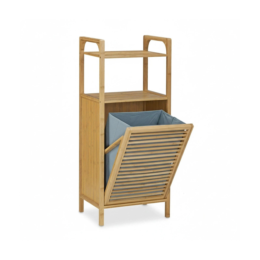 Relaxdays Badregal mit Wäschekorb aus Bambus in Grau, klappbar, Landhausstil, H: 95 cm, B: 40 cm, T: 30 cm - Bild 2