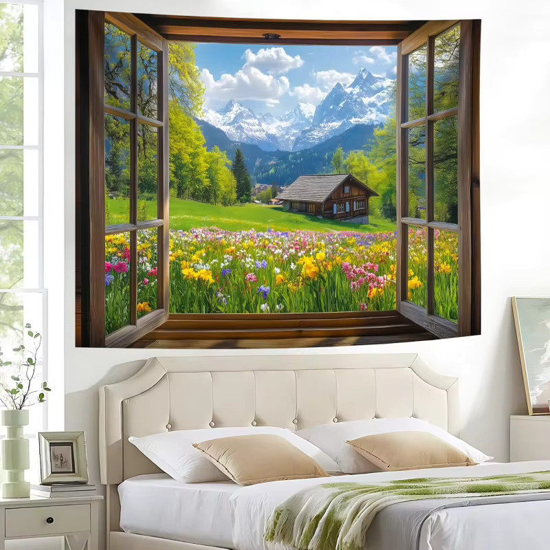 VIKAMA Wandteppich mit Natur-Landschaftsmotiv in Mehrfarbig, Rechteckiger Textil-Wandteppich für Wohnzimmer und Schlafzimmer - Bild 3