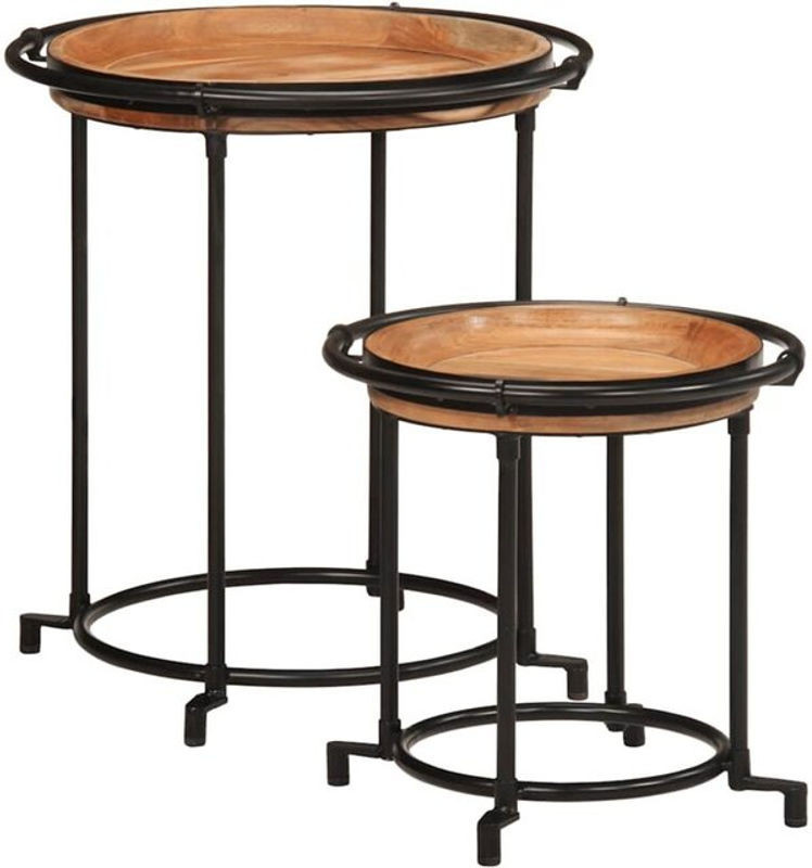 2-tlg. Beistelltisch-Set aus Massivholz Akazie und Metall in Braun Natur im Industrial Design von Vidaxl, Rund - Bild 1