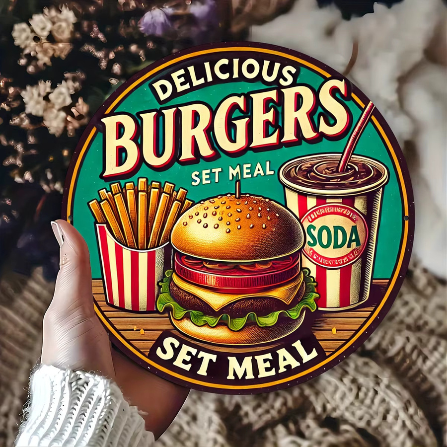Potdemiel Metallschild Delicious Burgers im Vintage-Stil, runde Aluminium-Wandkunst, Mehrfarbig, Durchmesser: 20,3 cm - Bild 3
