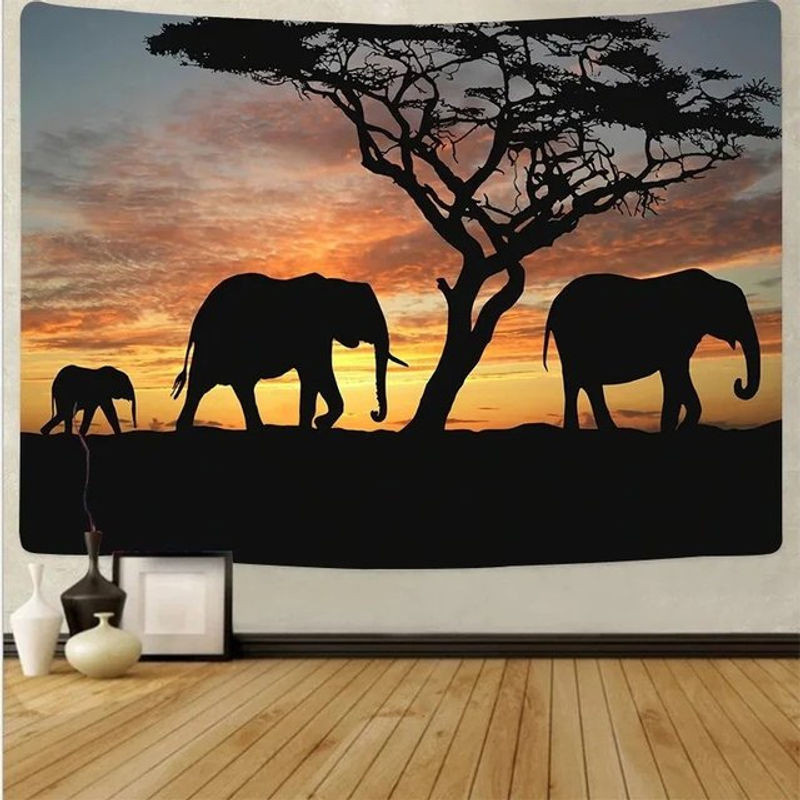 VIKAMA Wandteppich mit afrikanischer Tier-Silhouette, Sonnenuntergang und Akazienbäumen in Mehrfarbig, Bohemian Design - Bild 1
