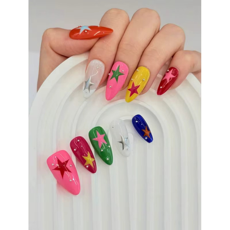 Handgemalte Nagelkunst, Mandel-Dopamin-Farbe, Sternmuster, Glänzend, 10 Stück - Bild 1