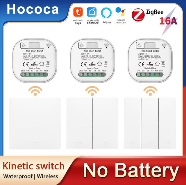 Hococa Tuya Zigbee 3.0 Kinetischer Drahtloser Smart Switch in Weiß, Wasserdichter DIY Schalter für das ganze Haus ohne Batterie - Bild 1