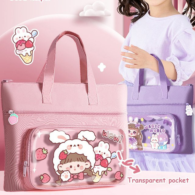 Kawaii Leinwand Tasche für Schüler und Studenten in Pink, Tragbare A4 Buchtasche für Schule und Nachhilfe - Bild 1
