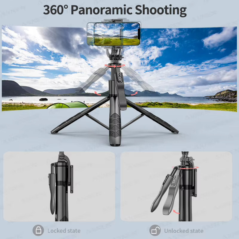Axnen L16 Kabelloser Selfie-Stick Stativ mit Gimbal in Schwarz, Faltbares Einbeinstativ für Smartphones und GoPro Action-Kameras, Höhe: 153 cm - Bild 2