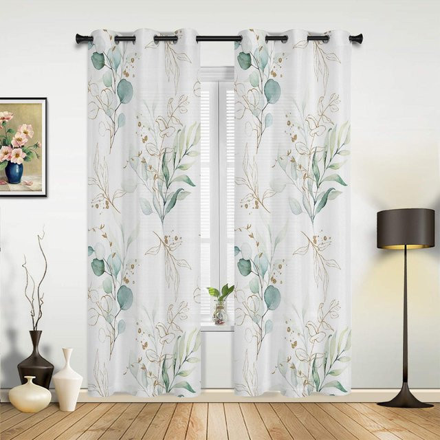 Binchi Outdoor Equipment Vorhang mit Aquarell Eukalyptus Blättern in Weiß, halbtransparentes Design mit Ösen, B: 135 cm, H: 60 cm - Bild 1