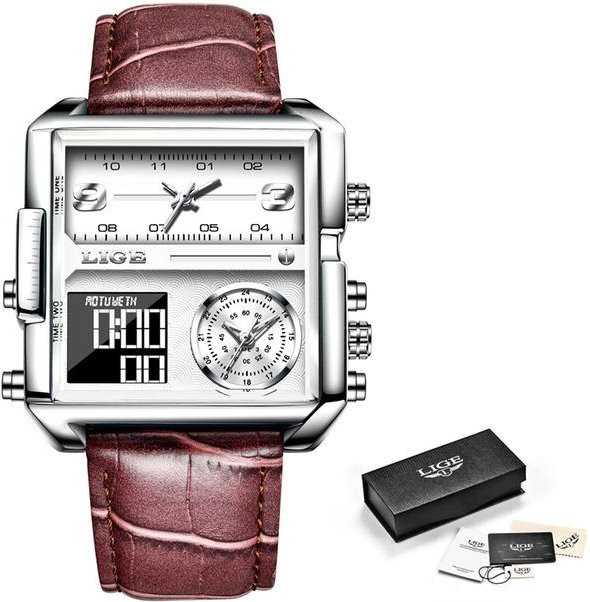 LIGE Armbanduhr, Quarz, Analog-Digital, Eckig, Silber, Weiß, Herren - Bild 1