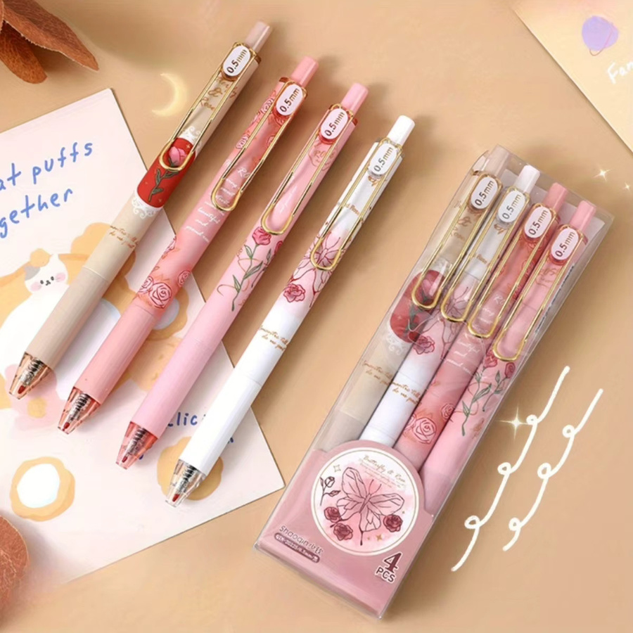 4er-Set Gel-Tintenstifte mit Blumen-Design, 0,5 mm Spitzendurchmesser, schwarze Tinte, ästhetische Schreibgeräte für Schule und Büro - Bild 4