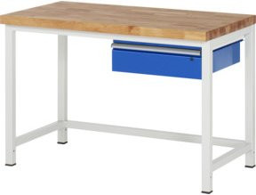 RAU Werkbank Serie 8000 höhenverstellbar mit Hängeschublade aus Buchenholz und Stahl, grau/mehrfarbig, B/T/H: 125,0 x 70,0 x 84,0-104,0 cm - Bild 1