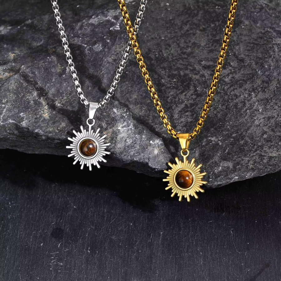 Vnox Halskette mit Sonnenblumen-Anhänger, Tigerauge-Stein, Silber Vergoldet, 60 cm, Unisex - Bild 1