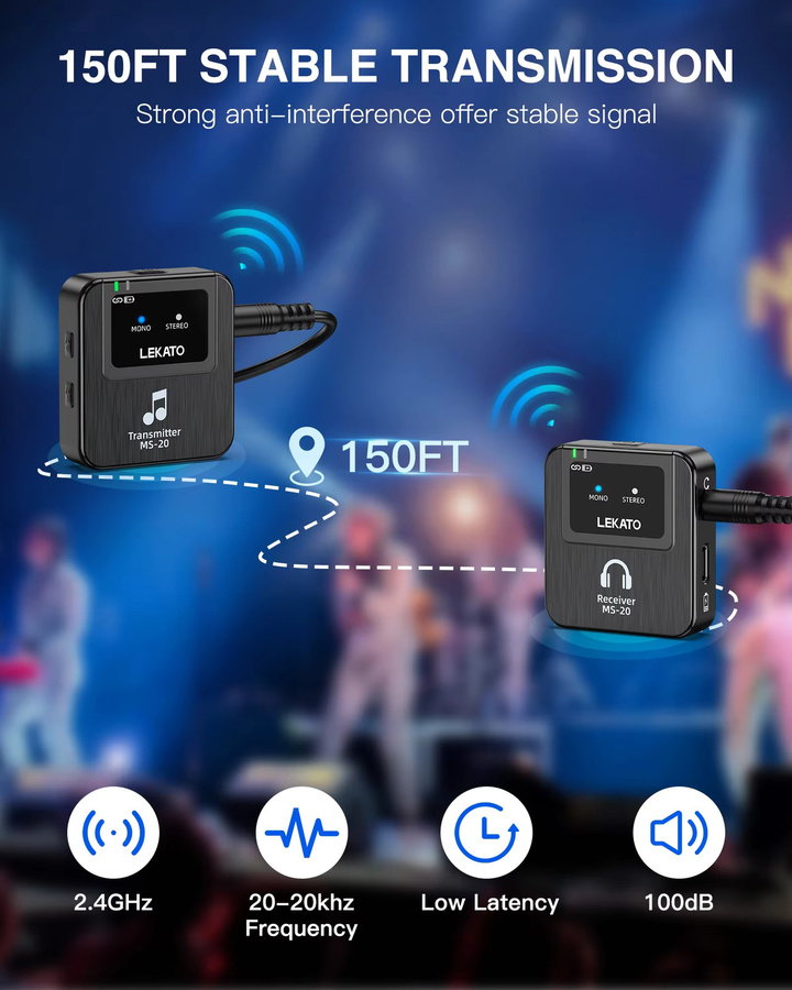Lekato MS-20 Wireless In-Ear Monitoring System in Schwarz mit 30 Stunden Akkulaufzeit und 1 Tx zu 2 Rx Set für kristallklare Live-Überwachung - Bild 4