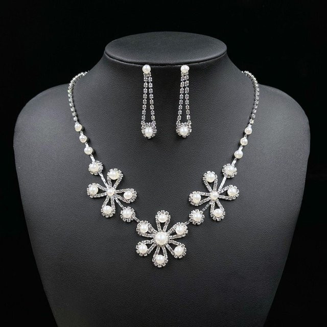 Schmuck-Set Perlenkette, Ohrringe, Silber, Zirkonia, Perle, Damen - Bild 1