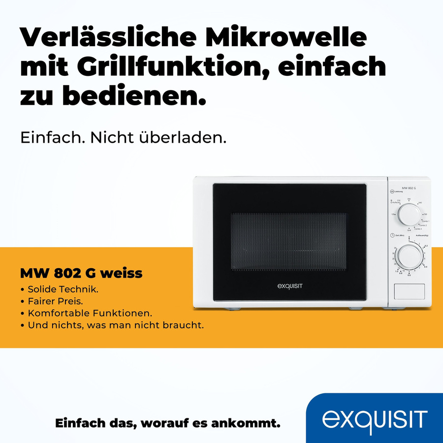 Exquisit MW 802 G Mikrowelle mit Grillfunktion in Weiß, 1000 W, B/T/H: 43,9 x 34,0 x 34,0 cm - Bild 3