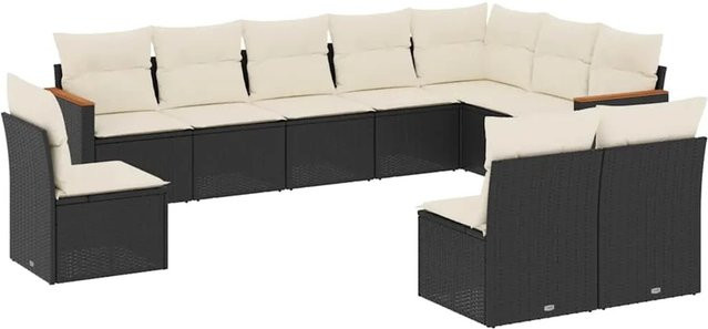 vidaXL 10-tlg. Garten-Sofagarnitur aus Poly-Rattan und Akazienholz in Schwarz mit Kissen und Stauraum - Bild 1