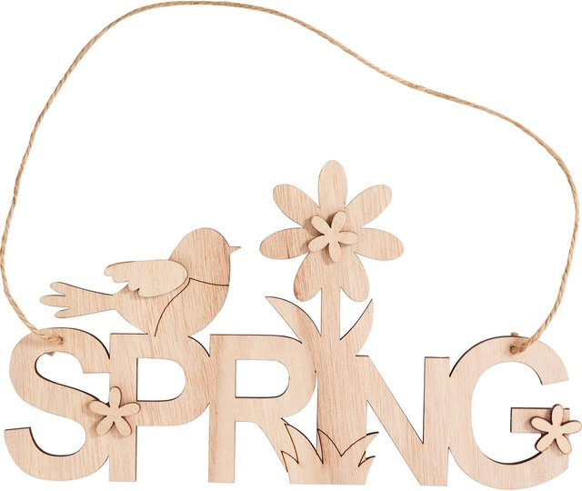 VBS Holz-Schriftzug Anhänger Spring in Beige aus Sperrholz mit Blumen und Vogel, B: 22,0 cm, H: 12,5 cm, T: 6,0 cm - Bild 1